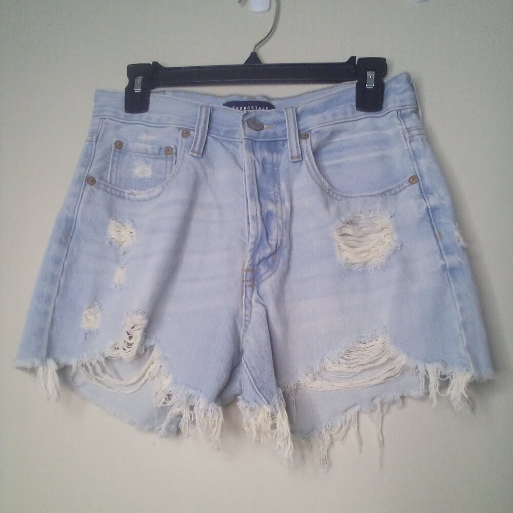 Aeropostale Shorts 6 Women High Rise Cut-Off Button Fly Distressed Raw Hem Blue